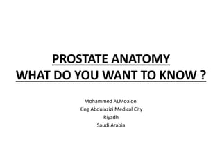 PROSTATE ANATOMY
WHAT DO YOU WANT TO KNOW ?
Mohammed ALMoaiqel
King Abdulazizi Medical City
Riyadh
Saudi Arabia
 
