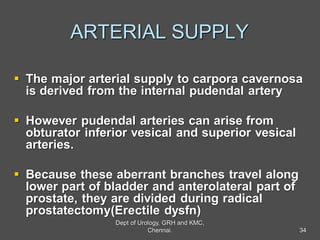 ARTERIAL SUPPLY
 The major arterial supply to carpora cavernosa
is derived from the internal pudendal artery
 However pudendal arteries can arise from
obturator inferior vesical and superior vesical
arteries.
 Because these aberrant branches travel along
lower part of bladder and anterolateral part of
prostate, they are divided during radical
prostatectomy(Erectile dysfn)
34
Dept of Urology, GRH and KMC,
Chennai.
 