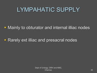 LYMPAHATIC SUPPLY
 Mainly to obturator and internal illiac nodes
 Rarely ext illiac and presacral nodes
45
Dept of Urology, GRH and KMC,
Chennai.
 