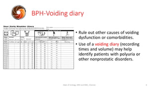 • Rule out other causes of voiding
dysfunction or comorbidities.
• Use of a voiding diary (recording
times and volume) may...