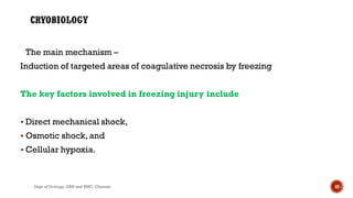 The main mechanism –
Induction of targeted areas of coagulative necrosis by freezing
The key factors involved in freezing injury include
 Direct mechanical shock,
 Osmotic shock, and
 Cellular hypoxia.
10
Dept of Urology, GRH and KMC, Chennai.
 