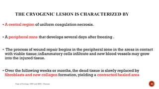  A central region of uniform coagulation necrosis.
 A peripheral zone that develops several days after freezing .
 The process of wound repair begins in the peripheral zone in the areas in contact
with viable tissue;inflammatory cells infiltrate and new blood vessels may grow
into the injured tissue.
 Over the following weeks or months,the dead tissue is slowly replaced by
fibroblasts and new collagen formation,yielding a contracted healed area
15
Dept of Urology, GRH and KMC, Chennai.
 