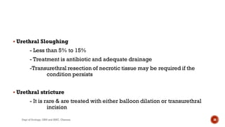  Urethral Sloughing
- Less than 5% to 15%
- Treatment is antibiotic and adequate drainage
-Transurethral resection of necrotic tissue may be required if the
condition persists
 Urethral stricture
- It is rare & are treated with either balloon dilation or transurethral
incision
38
Dept of Urology, GRH and KMC, Chennai.
 