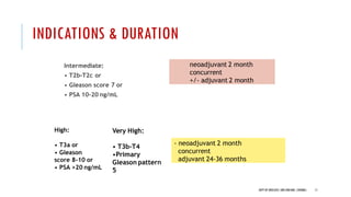 Intermediate:
• T2b-T2c or
• Gleason score 7 or
• PSA 10-20 ng/mL
High:
• T3a or
• Gleason
score 8-10 or
• PSA >20 ng/mL
neoadjuvant 2 month
concurrent
+/- adjuvant 2 month
- neoadjuvant 2 month
concurrent
adjuvant 24-36 months
Very High:
• T3b-T4
•Primary
Gleason pattern
5
INDICATIONS & DURATION
11
DEPT OF UROLOGY,GRH ANDKMC,CHENNAI.
 