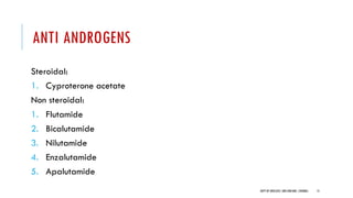 ANTI ANDROGENS
Steroidal:
1. Cyproterone acetate
Non steroidal:
1. Flutamide
2. Bicalutamide
3. Nilutamide
4. Enzalutamide
5. Apalutamide
15
DEPT OF UROLOGY,GRH ANDKMC,CHENNAI.
 