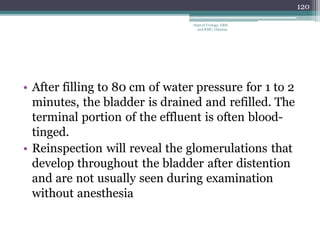 • After filling to 80 cm of water pressure for 1 to 2
minutes, the bladder is drained and refilled. The
terminal portion of the effluent is often blood-
tinged.
• Reinspection will reveal the glomerulations that
develop throughout the bladder after distention
and are not usually seen during examination
without anesthesia
120
Dept of Urology, GRH
and KMC, Chennai.
 