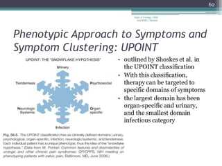 Phenotypic Approach to Symptoms and
Symptom Clustering: UPOINT
• outlined by Shoskes et al. in
the UPOINT classification
• With this classification,
therapy can be targeted to
specific domains of symptoms
• the largest domain has been
organ-specific and urinary,
and the smallest domain
infectious category
62
Dept of Urology, GRH
and KMC, Chennai.
 
