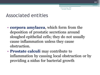 Associated entities
• corpora amylacea, which form from the
deposition of prostatic secretions around
sloughed epithelial cells; they do not usually
cause inflammation unless they cause
obstruction.
• Prostate calculi may contribute to
inflammation by causing local obstruction or by
providing a nidus for bacterial growth
10
Dept of Urology, GRH
and KMC, Chennai.
 