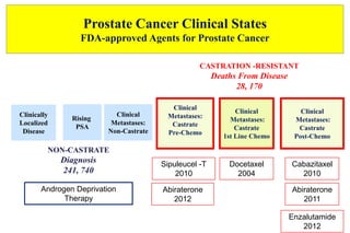Prostate Cancer Clinical States
FDA-approved Agents for Prostate Cancer
Rising
PSA
Clinical
Metastases:
Castrate
1st Line Chemo
Clinical
Metastases:
Castrate
Pre-Chemo
Clinically
Localized
Disease
Clinical
Metastases:
Non-Castrate
Clinical
Metastases:
Castrate
Post-Chemo
NON-CASTRATE
Diagnosis
241, 740
Androgen Deprivation
Therapy
CASTRATION -RESISTANT
Deaths From Disease
28, 170
Docetaxel
2004
Sipuleucel -T
2010
Cabazitaxel
2010
Abiraterone
2011
Enzalutamide
2012
Abiraterone
2012
 