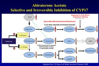 Adapted from J E Ang, et al, British Journal of Cancer, 2009
Secondary Mineralicorticoid Syndrome
*Low dose steroids minimizes toxicity*
Suppression of the Renin-
Angiotensin Pathway
4 fold increase due to elevated
ACTH partially reverses
17-hydroxylase activity
Abiraterone Acetate
Selective and Irreversible Inhibition of CYP17
 