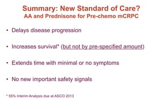 Summary: New Standard of Care?
AA and Prednisone for Pre-chemo mCRPC
• Delays disease progression
• Increases survival* (but not by pre-specified amount)
• Extends time with minimal or no symptoms
• No new important safety signals
* 55% Interim Analysis due at ASCO 2013
 