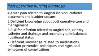 Post operative nursing diagnosis
4.Acute pain related to surgical incision, catheter
placement and bladder spasms
5.Deficient knowledge about post operative care and
management
6.Risk for infection related to surgical site, urinary
catheter and drainage and secondary to imbalanced
nutritional status
7.Deficient knowledge related to medications,
infection preventive techniques and signs and
symptoms of complications.
 