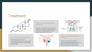 Treatment
0
1
Mgmt. of castration-sensitive PC
Initial treatment may involve ADT +
medical/surgical orchiectomy as a component to
suppress testosterone levels in patients needing
systemic therapy.
0
2
Localized-, intermediate, and very
high risk PC
Treatment recommendations are based on risk
stratification in accordance with guidelines from
the American Urological Association and the
NCCN, as well as patient preferences.
0
3
Mgmt. of castration-resistant PC
(CRPC)
Patients who have evidence of disease
progression while being managed with ADT, are
said to have castration-resistant diseases.
Multiple treatments are available for CRPC.
 