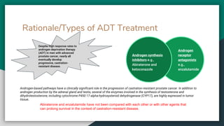 Rationale/Types of ADT Treatment
Androgen-based pathways have a clinically significant role in the progression of castration-resistant prostate cancer. In addition to
androgen production by the adrenal gland and testis, several of the enzymes involved in the synthesis of testosterone and
dihydrotestosterone, including cytochrome P450 17-alpha-hydroxysteroid dehydrogenase (CYP17), are highly expressed in tumor
tissue.
Androgen
receptor
antagonists
e.g.,
enzalutamide
Androgen synthesis
inhibitors e.g.,
Abiraterone and
ketoconazole
Despite high response rates to
androgen deprivation therapy
(ADT) in men with advanced
prostate cancer, nearly all
eventually develop
progressive, castration-
resistant disease.
Abiraterone and enzalutamide have not been compared with each other or with other agents that
can prolong survival in the context of castration-resistant disease.
 