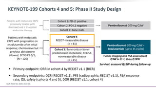 KEYNOTE-199 Cohorts 4 and 5: Phase II Study Design
 Primary endpoint: ORR in cohort 4 by RECIST v1.1 (BICR)
 Secondary endpoints: DCR (RECIST v1.1), PFS (radiographic; RECIST v1.1), PSA response
rate, OS, safety (cohorts 4 and 5), DOR (RECIST v1.1, cohort 4)
Patients with metastatic
CRPC with progression on
enzalutamide after initial
response; chemo naive but
previous abiraterone
allowed; ECOG PS 0/1;
(N = 126)
Cohort 1: PD-L1 positive
Cohort 3: Bone mets
Cohort 2: PD-L1 negative
Cohort 4:
RECIST-measurable disease
(n = 81)
Cohort 5: Bone-only or bone-
predominant, metastatic, RECIST-
nonmeasurable disease
(n = 45)
Graff. ASCO GU 2020. Abstr 15.
Tumor imaging and PSA assessment
Q9W in Yr 1, then Q12W
Survival: assessed Q12W during follow-up
Pembrolizumab 200 mg Q3W +
Enzalutamide (up to 35 cycles)
Patients with metastatic CRPC
previously treated with
docetaxel and ≥ 1 targeted
endocrine therapy
Pembrolizumab 200 mg Q3W
 