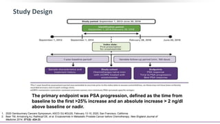 Study Design
The primary endpoint was PSA progression, defined as the time from
baseline to the first >25% increase and an absolute increase > 2 ng/dl
above baseline or nadir.
1. 2020 Genitourinary Cancers Symposium, ASCO GU #GU20, February 13-15, 2020, San Francisco, California
2. Beer TM, Armstrong AJ, Rathkopf DE, et al. Enzalutamide in Metastatic Prostate Cancer before Chemotherapy. New England Journal of
Medicine 2014; 371(5): 424-33.
 