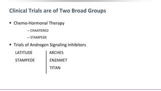 Clinical Trials are of Two Broad Groups
 Chemo-Hormonal Therapy
‒ CHAATERED
‒ STAMPEDE
 Trials of Androgen Signaling Inhibitors
LATITUDE ARCHES
STAMPEDE ENZAMET
TITAN
 