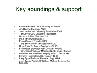 Key soundings & support Patron President of Ireland Mary McAleese Jim Browne President NUIG John McNamara University Foundation Chair Tom Joyce CEO University Foundation Bernard Collins Chairman VHi Pat Fottrell Chairman SFI Frank Gannon President SFI Terry Smith Senior VP Research NUIG Ruth Curtis Professor Psychology NUIG Frank Giles professor Hem-Onc San Antonio Tim O’Brien Professor Medicine NUIG, Chair REMEDI Michael Kerin Professor Surgery NUIG Chair NCBRI Eamonn Rogers Head GU Surgery GUH Larry Egan Professor Pharmacology NUIG John Burke, Padraic O’Ceidigh, Michael Somers, Jim Sweeney 