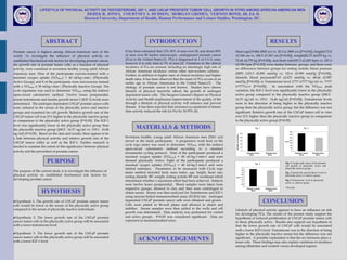 LIFESTYLE OF PHYSICAL ACTIVITY ON TESTOSTERONE, IGF-1, AND LNCaP PROSTATE TUMOR CELL GROWTH IN VITRO AMONG AFRICAN-AMERICAN MEN
                                                   DEREK R. JONES, COURTNEY A. HUDSON, MORGAN GRIMES, VERNON BOND, JR, Ed. D.
                                                  Howard University, Department of Health, Human Performance and Leisure Studies, Washington, DC.




                      ABSTRACT                                                           INTRODUCTION                                                                                                              RESULTS
Prostate cancer is highest among African-American men in the            It has been estimated that 15%-30% of men over 50, and about 80%        Mean age(19.88±.5805 yrs vs. 20.11±.3889 yrs [P>0.05]), height(172.8
world. To investigate the influence of physical activity on             of men over 80 harbor microscopic, undiagnosed prostate cancer          ±3.369 cm vs. 180.3 ±3.367 cm [P>0.05]), weight(82.75 ±6.079 kg vs.
established biochemical risk factors for developing prostate cancer,    (Pca) in the United States.(1) PCa is diagnosed in 1 of 6 U.S. men;     75.44 ±4.770 kg [P>0.05]), and heart rate(183.3 ±2.403 bpm vs. 187.4
                                                                        however it is only fatal in 3% of men.(2) Variations in the clinical    ±2.926 bpm [P>0.05]) were similar between groups, and there were
the growth rate of prostate tumor cells, as a function of physical
                                                                        incidence of Pca are present, including an alarmingly high rate of
activity, were examined in seventeen healthy young adult African                                                                                no differences between groups for resting systolic blood pressure
                                                                        African American incidence versus other non-western cultures.
American men. Nine of the participants exercise-trained with a                                                                                  (SBP) (123.3 ±5.891 mmHg vs. 121.6 ±5.993 mmHg [P>0.05]),
                                                                        Further, in addition to higher rates of clinical incidence and higher
maximal oxygen uptake (VO2max) > 40 ml.kg-1.min-1 (Physically                                                                                   diastolic blood pressure(67.63 ±2.471 mmHg vs. 68.44 ±2.987
                                                                        death rates, it has been observed that the onset of PCa occurs at an
Active Group), and 8 of the participants were non-exercise trained      earlier age in African Americans in the United States.(3) The           mmHg [P>0.05]) or Testosterone level (???? ±???? Ng/ml vs. ?????
with a VO2max ≤ 38 ml.kg-1.min-1 (Physically Inactive Group). The       etiology of prostate cancer is not known. Studies have shown            ±?????ng/ml [P>0.05]).     In association with the VO2max peak
cycle ergometer was used to determine VO2max using the indirect         lifestyle of physical inactivity affects the growth of androgen         variation, the IGF-1 level was significantly lower in the physically
open-circuit calorimetric method. Twelve hours postprandial,            dependent tumor cells. The Surgeon General’s Report on Physical         active group compared to the physically inactive group (240.5
serum testosterone and insulin growth factor-1 (IGF-1) levels were      Activity and Health emphasizes improvement of the quality of life       16.37 ng/ml vs. 319.1 14.46 ng/ml [P<0.05]). Testosterone levels
determined. The androgen dependent LNCaP prostate cancer cells          through a lifestyle of physical activity will enhance and prevent       were in the direction of being higher in the physically inactive
were cultured in the serum of the physically active and inactive        disease. It has been reported that increased occupational of leisure    group than the physically active group, but the difference was not
groups and examined for cell growth. Relative growth rate of the        time activity reduced the risk for Pca by 10-70% (4).                   significant. Relative growth rate of the LNCaP tumor cell in vitro
LNCaP tumor cell was 21% higher in the physically inactive group                                                                                was 21% higher than the physically inactive group in comparison
in comparison to the physically active group (P<0.05). The IGF-1                                                                                to the physically active group (P<0.05).
level was significantly lower in the physically active group than
the physically inactive group (240.5 16.37 ng/ml vs. 319.1 14.46
                                                                               MATERIALS & METHODS                                                                                                Fig. 1                                                     Fig. 2
                                                                                                                                                                                                                                         350

ng/ml) (P<0.05). Based on the data and results, there appear to be                                                                                                    10 0
                                                                                                                                                                                                                                         300




                                                                                                                                                Growth (% Control )
a link between physical activity and relative growth rate of the        Seventeen healthy young adult African American men (20±1 yrs)                                  80                                                                250


                                                                        served as the study participants. A progressive work bout on the                               60
                                                                                                                                                                                                                                 ng/ml
                                                                                                                                                                                                                                         200

LNCaP tumor cell(s) as well as the IGF-1. Further research is                                                                                                                                                                            150

                                                                        cycle ergo meter was used to determine VO2max with the indirect                                40

needed to examine the extent of this significance between physical
                                                                                                                                                                                                                                         100


                                                                        open-circuit calorimetric method according to a standard
                                                                                                                                                                       20
                                                                                                                                                                                                                                          50


activity and the prevention of prostate cancer.                                                                                                                         0                                                                  0

                                                                        incremental cycling protocol. Nine of the participants produced a                                           Physically I nact ive
                                                                                                                                                                                       Serum
                                                                                                                                                                                                            Physically Act ive
                                                                                                                                                                                                               Serum
                                                                                                                                                                                                                                               Physically I nact ive
                                                                                                                                                                                                                                                     Serum
                                                                                                                                                                                                                                                                       Physically Act ive
                                                                                                                                                                                                                                                                           Serum
                                                                        maximal oxygen uptake (VO2max) > 40 ml·kg-1·min-1 and were
                        PURPOSE                                         deemed physically Active. Eight of the participants produced a
                                                                        maximal oxygen uptake (VO2max) < 40 ml·kg-1·min-1 and were                                                               Fig. 3                          Fig. 1 Lymph node cancer of the prostate
                                                                                                                                                                                                                                 cell growth of physically active and
                                                                        labeled sedentary. Parameters to be measured with Cycle ergo                                         0 .4
                                                                                                                                                                                                                                 physically inactive groups.
The purpose of the current study is to investigate the influence of     meter method included body mass index, age, height, heart rate,
                                                                                                                                                                         0 .3 5

                                                                                                                                                                             0 .3
                                                                                                                                                                                                                                 Fig. 2 Insulin-like growth factor-I level in
physical activity on established biochemical risk factors for           resting diastolic BP, weight, resting systolic BP and workload which
                                                                                                                                                                         0 .2 5
                                                                                                                                                                                                                                 physically active vs. inactive group.
                                                                                                                                                ng/ml                        0 .2

developing prostate cancer.                                             determined whether a maximum effort had been achieved. Subjects
                                                                                                                                                                         0 .1 5
                                                                                                                                                                                                                                 Fig. 3 Testosterone level in physically
                                                                                                                                                                             0 .1
                                                                                                                                                                                                                                 active vs. inactive group.
                                                                        were twelve hours postprandial. Blood samples were taken from                                    0 .0 5

                                                                                                                                                                               0

                                                                        respective groups, allowed to clot, and then were centrifuged to                                            Physically I nact ive   Physically Act ive   **P<0.05
                    HYPOTHESIS                                          obtain serum. Serum was then analyzed for Testosterone and IGF-1
                                                                                                                                                                                          Serum                 Serum



                                                                        using enzyme-linked immunosorbent assay (ELISA) kits. Androgen
●Hypothesis 1: The growth rate of LNCaP prostate cancer tumor           dependent LNCaP prostate cancer cells were obtained and grown.
                                                                        Cells were plated in 96-well plates and allowed to attach and
                                                                                                                                                                                                            CONCLUSION
cells would be lower in the serum of the physically active group
compared to the serum of physically inactive individuals.               stabilize. Serum samples were then added to the wells and cell          Lifestyle of physical activity appears to have an influence on risk
                                                                        growth was determined. Data analysis was performed for control          for developing PCa. The results of the present study support the
●Hypothesis 2: The lower growth rate of the LNCaP prostate              and active groups. P<0.05 was considered significant. Data are          hypothesis of reduced proliferation of LNCaP prostate tumor cells
cancer tumor cells in the physically active group will be associated    expressed as means±standard error.                                      in those physically active. Results also support our hypothesis in
with a lower testosterone level.                                                                                                                that the lower growth rate of LNCaP cells would be associated
                                                                                                                                                with a lower IGF-I level. Testosterone was in the direction of being
●Hypothesis 3: The lower growth rate of the LNCaP prostate                                                                                      higher in the physically inactive serum but the difference was not
cancer tumor cells in the physically active group will be associated
with a lower IGF-1 level.                                                        ACKNOWLEDGEMENTS                                               significant. A possible explanation is that the sex hormone plays a
                                                                                                                                                lesser role. These findings may also explain variations in incidence
                                                                                                                                                among ethnicities and western versus developed regions.
 