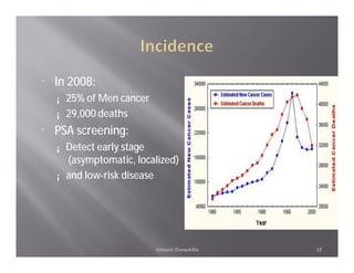 ¨   In 2008:
    ¡   25% of Men cancer
    ¡   29,000 deaths
¨   PSA screening:
    ¡   Detect early stage
        (asymptomatic, localized)
    ¡   and low-risk disease




                            Ahmed Zeeneldin   12
 