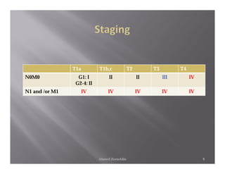 T1a         T1b,c             T2        T3         T4
N0M0              G1: I          II                II        III        IV
                 G2-4: II
N1 and /or M1         IV         IV                IV        IV         IV




                            Ahmed Zeeneldin                                  9
 