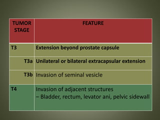 TUMOR
STAGE
FEATURE
T3 Extension beyond prostate capsule
T3a Unilateral or bilateral extracapsular extension
T3b Invasion of seminal vesicle
T4 Invasion of adjacent structures
– Bladder, rectum, levator ani, pelvic sidewall
 