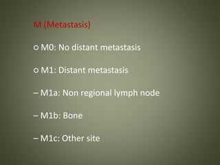 M (Metastasis)
○ M0: No distant metastasis
○ M1: Distant metastasis
– M1a: Non regional lymph node
– M1b: Bone
– M1c: Other site
 
