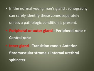 • In the normal young man’s gland , sonography
can rarely identify these zones separately
unless a pathologic condition is present.
• Peripheral or outer gland - Peripheral zone +
Central zone
• Inner gland - Transition zone + Anterior
fibromuscular stroma + Internal urethral
sphincter
 