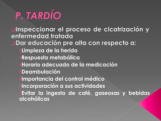 Limpieza de la herida
Respuesta metabólica
Horario adecuado de la medicación
Deambulación
Importancia del control médico
Incorporación a sus actividades
Evitar la ingesta de café, gaseosas y bebidas
alcohólicas