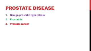 PROSTATE DISEASE
1. Benign prostatic hyperplasia
2. Prostatitis
3. Prostate cancer
 