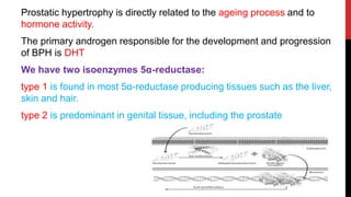 Prostatic hypertrophy is directly related to the ageing process and to
hormone activity.
The primary androgen responsible for the development and progression
of BPH is DHT
We have two isoenzymes 5α-reductase:
type 1 is found in most 5α-reductase producing tissues such as the liver,
skin and hair.
type 2 is predominant in genital tissue, including the prostate
 