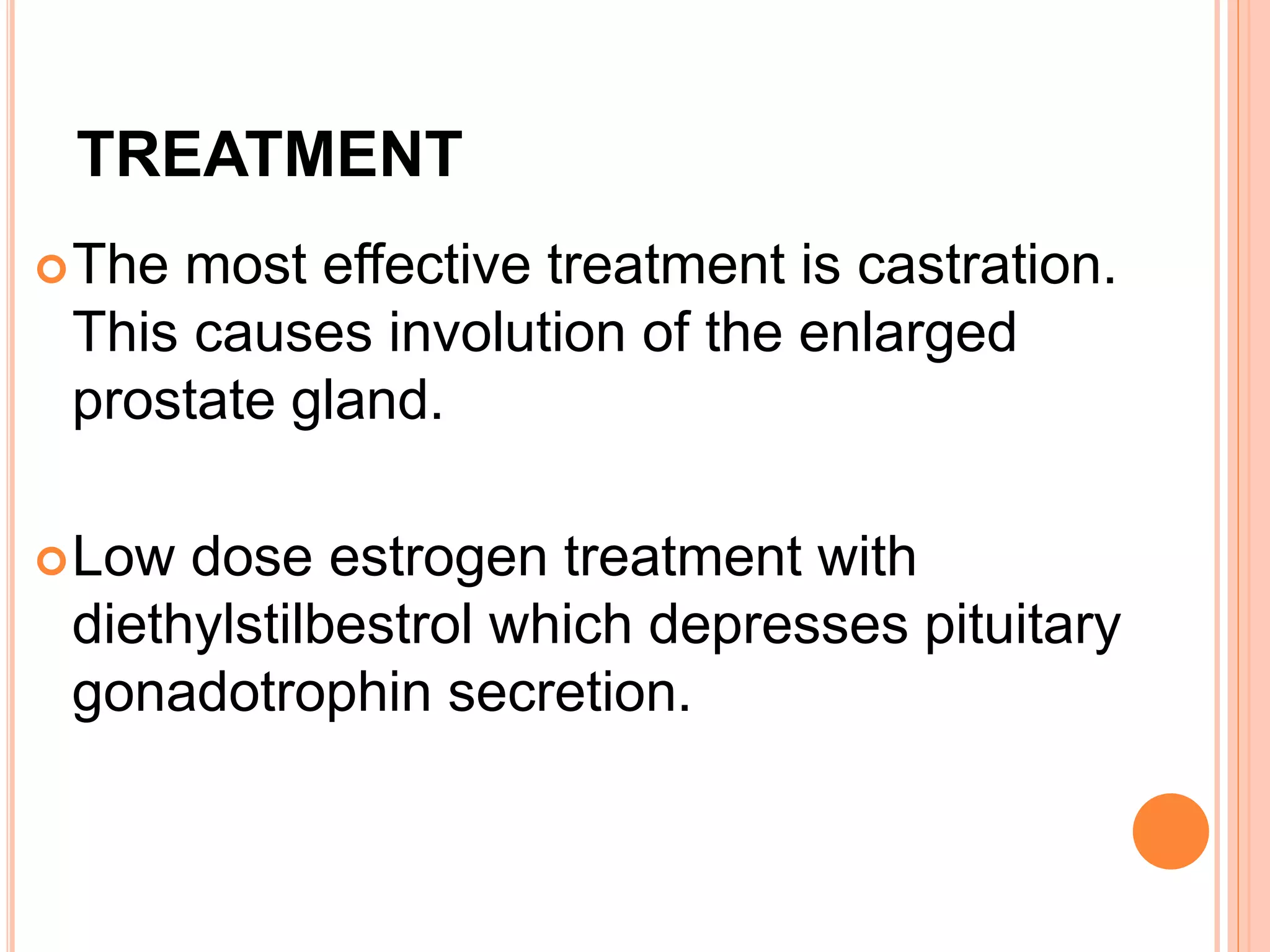 TREATMENT
The most effective treatment is castration.
This causes involution of the enlarged
prostate gland.
Low dose estrogen treatment with
diethylstilbestrol which depresses pituitary
gonadotrophin secretion.