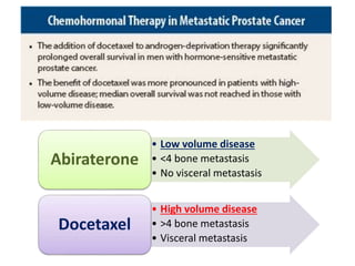 • Low volume disease
• <4 bone metastasis
• No visceral metastasis
Abiraterone
• High volume disease
• >4 bone metastasis
• Visceral metastasis
Docetaxel
 