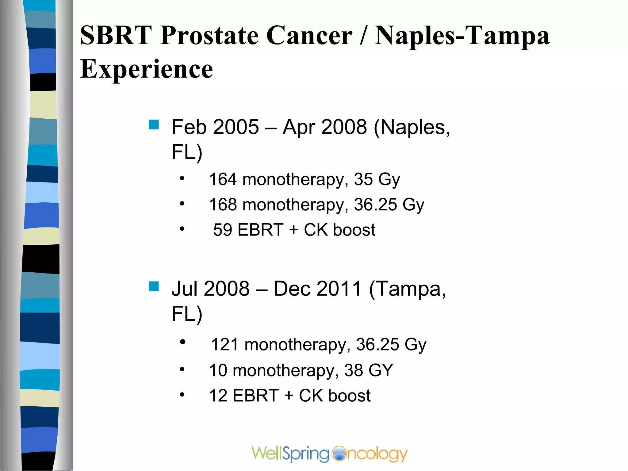 SBRT Prostate Cancer / Naples-Tampa
Experience
        Feb 2005 – Apr 2008 (Naples,
         FL)
         •   164 monotherapy, 35 Gy
         •   168 monotherapy, 36.25 Gy
         •   59 EBRT + CK boost


        Jul 2008 – Dec 2011 (Tampa,
         FL)
          • 121 monotherapy, 36.25 Gy
         •   10 monotherapy, 38 GY
         •   12 EBRT + CK boost
 
