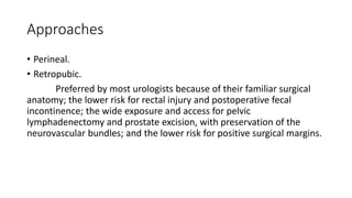 Approaches
• Perineal.
• Retropubic.
Preferred by most urologists because of their familiar surgical
anatomy; the lower risk for rectal injury and postoperative fecal
incontinence; the wide exposure and access for pelvic
lymphadenectomy and prostate excision, with preservation of the
neurovascular bundles; and the lower risk for positive surgical margins.
 