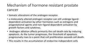 Mechanism of hormone resistant prostate
cancer
• Somatic alterations of the androgen receptor.
• a molecularly altered androgen receptor can still undergo ligand-
dependent activation by other hormones such as estrogens and
progestational agents and non–ligand-dependent activation by
growth factors and cytokines.
• Androgen ablation affects primarily the cell death rate by inducing
apoptosis. As the tumor progresses, the threshold of apoptosis
progressively rises to a point that cell proliferation exceeds cell death.
• This results in the accumulation of endocrine-independent cells
 