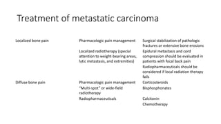 Treatment of metastatic carcinoma
Localized bone pain Pharmacologic pain management Surgical stabilization of pathologic
fractures or extensive bone erosions
Localized radiotherapy (special
attention to weight-bearing areas,
lytic metastasis, and extremities)
Epidural metastasis and cord
compression should be evaluated in
patients with focal back pain
Radiopharmaceuticals should be
considered if local radiation therapy
fails
Diffuse bone pain Pharmacologic pain management Corticosteroids
“Multi-spot” or wide-field
radiotherapy
Bisphosphonates
Radiopharmaceuticals Calcitonin
Chemotherapy
 