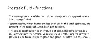 Prostatic fluid - functions
• The average volume of the normal human ejaculate is approximately
3 mL. Range 2-6mL
• Spermatozoa, which represent less than 1% of the total ejaculate, are
present in the range of 100 million per millilitre.
• The major contribution to the volume of seminal plasma (average 3
mL) comes from the seminal vesicles (1.5 to 2 mL), from the prostate
(0.5 mL), and from Cowper's gland and glands of Littre (0.1 to 0.2 mL).
 
