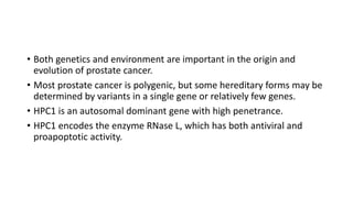 • Both genetics and environment are important in the origin and
evolution of prostate cancer.
• Most prostate cancer is polygenic, but some hereditary forms may be
determined by variants in a single gene or relatively few genes.
• HPC1 is an autosomal dominant gene with high penetrance.
• HPC1 encodes the enzyme RNase L, which has both antiviral and
proapoptotic activity.
 