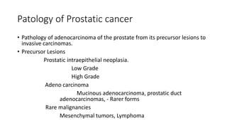 Patology of Prostatic cancer
• Pathology of adenocarcinoma of the prostate from its precursor lesions to
invasive carcinomas.
• Precursor Lesions
Prostatic intraepithelial neoplasia.
Low Grade
High Grade
Adeno carcinoma
Mucinous adenocarcinoma, prostatic duct
adenocarcinomas, - Rarer forms
Rare malignancies
Mesenchymal tumors, Lymphoma
 