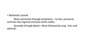 • Metastatic spread
Most commonly through lymphatics – to iliac, presacral,
common iliac inguinal and para aortic nodes.
Secondly through blood – Bone followed by lung , liver and
adrenals
 