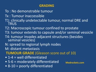 To : No demonstrable tumour
Tx : Tumour inaccessible
T1: clinically undetectable tumour, normal DRE and
TRUS
T2: Macroscopic tumour confined to prostate
T3: tumour extends to capsule and/or seminal vessicle
T4: tumour invades adjacent structures (besides
seminal vesicles)
N: spread to regional lymph nodes
M: distant metastasis
TUMOUR GRADE (Gleason score out of 10)
• 1-4 = well differentiated
• 5-6 = moderately differentiated
• 8-10 = poorly differentiated
GRADING
Medrockets.com
 