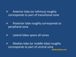  Anterior lobe (or isthmus) roughly
corresponds to part of transitional zone
 Posterior lobe roughly corresponds to
peripheral zone
 Lateral lobes spans all zones
 Median lobe (or middle lobe) roughly
corresponds to part of central zone
Medrockets.com
 