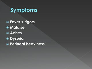  Fever + rigors
Malaise
Aches
Dysuria
Perineal heaviness