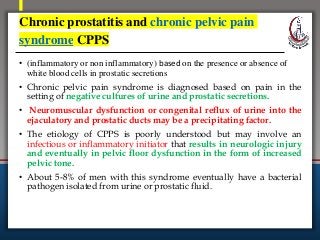 Chronic prostatitis and chronic pelvic pain
syndrome CPPS
• (inflammatory or non inflammatory) based on the presence or absence of
white blood cells in prostatic secretions
• Chronic pelvic pain syndrome is diagnosed based on pain in the
setting of negative cultures of urine and prostatic secretions.
• Neuromuscular dysfunction or congenital reflux of urine into the
ejaculatory and prostatic ducts may be a precipitating factor.
• The etiology of CPPS is poorly understood but may involve an
infectious or inflammatory initiator that results in neurologic injury
and eventually in pelvic floor dysfunction in the form of increased
pelvic tone.
• About 5-8% of men with this syndrome eventually have a bacterial
pathogen isolated from urine or prostatic fluid.
 