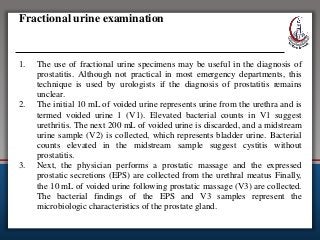 Fractional urine examination
1. The use of fractional urine specimens may be useful in the diagnosis of
prostatitis. Although not practical in most emergency departments, this
technique is used by urologists if the diagnosis of prostatitis remains
unclear.
2. The initial 10 mL of voided urine represents urine from the urethra and is
termed voided urine 1 (V1). Elevated bacterial counts in V1 suggest
urethritis. The next 200 mL of voided urine is discarded, and a midstream
urine sample (V2) is collected, which represents bladder urine. Bacterial
counts elevated in the midstream sample suggest cystitis without
prostatitis.
3. Next, the physician performs a prostatic massage and the expressed
prostatic secretions (EPS) are collected from the urethral meatus Finally,
the 10 mL of voided urine following prostatic massage (V3) are collected.
The bacterial findings of the EPS and V3 samples represent the
microbiologic characteristics of the prostate gland.
 