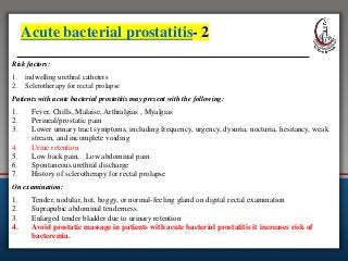 Acute bacterial prostatitis- 2
Risk factors:
1. indwelling urethral catheters
2. Sclerotherapy for rectal prolapse
Patients with acute bacterial prostatitis may present with the following:
1. Fever, Chills, Malaise, Arthralgias , Myalgias
2. Perineal/prostatic pain
3. Lower urinary tract symptoms, including frequency, urgency, dysuria, nocturia, hesitancy, weak
stream, and incomplete voiding
4. Urine retention
5. Low back pain, Low abdominal pain
6. Spontaneous urethral discharge
7. History of sclerotherapy for rectal prolapse
On examination:
1. Tender, nodular, hot, boggy, or normal-feeling gland on digital rectal examination
2. Suprapubic abdominal tenderness
3. Enlarged tender bladder due to urinary retention
4. Avoid prostatic massage in patients with acute bacterial prostatitis it increases risk of
bacteremia.
 