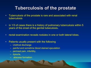 Tuberculosis of the prostate Tuberculosis of the prostate is rare and associated with renal tuberculosis in 1/3 of cases there is a history of pulmonary tuberculosis within 5 years of the onset of the genital tubeculosis . rectal examination reveals nodules in one or both lateral lobes.  Patients usually present with the following Urethral discharge painful and sometime blood stained ejaculation perineal pain, infertility, dysuria, abscess formation. 