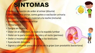 • Dolor o sensación de ardor al orinar (disuria)
• Dificultad para orinar, como goteo o vacilación urinaria
• Micción frecuente, en especial a la noche (nicturia)
• Necesidad urgente de orinar
• Orina turbia
• Sangre en la orina
• Dolor en el abdomen, la ingle o la espalda lumbar
• Dolor en la parte entre el escroto y el recto (perineo)
• Dolor o incomodidad en el pene o los testículos
• Eyaculación dolorosa
• Signos y síntomas parecidos a los de la gripe (con prostatitis bacteriana)
 