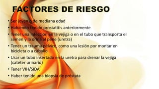 • Ser joven o de mediana edad
• Habiendo tenido prostatitis anteriormente
• Tener una infección en la vejiga o en el tubo que transporta el
semen y la orina al pene (uretra)
• Tener un trauma pélvico, como una lesión por montar en
bicicleta o a caballo
• Usar un tubo insertado en la uretra para drenar la vejiga
(catéter urinario)
• Tener VIH/SIDA
• Haber tenido una biopsia de próstata
 